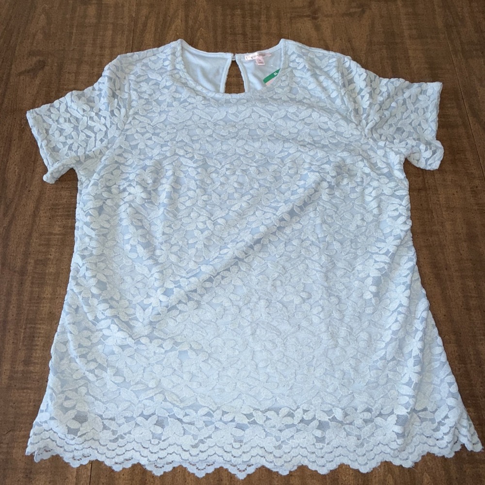 Teddi Rose Womens Top ‎ Lace Floral Stretch Short Sleeves Light Blue XL New